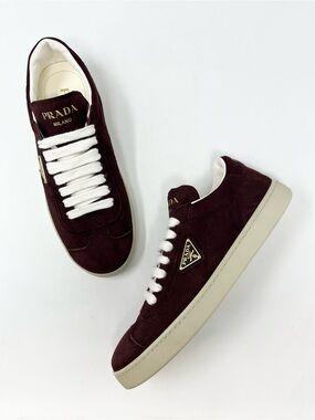NEW Prada Downtown Burgundy Red Suede Leather Sneakers Chunky Triangle Logo 37 7